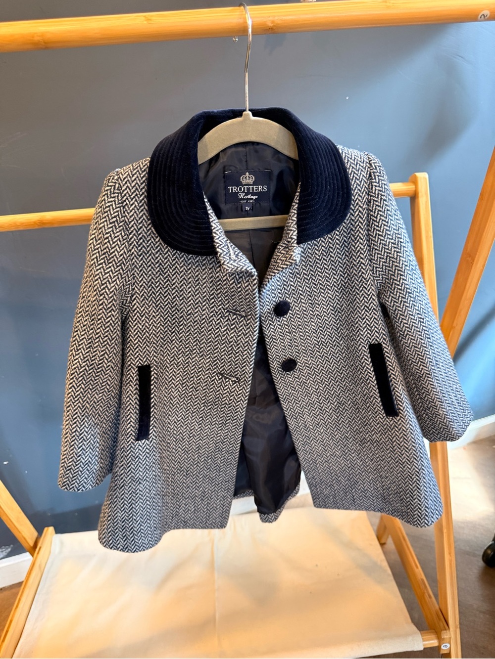 Trotters Navy and Gray Herringbone Kids' Pea Coat - 2y